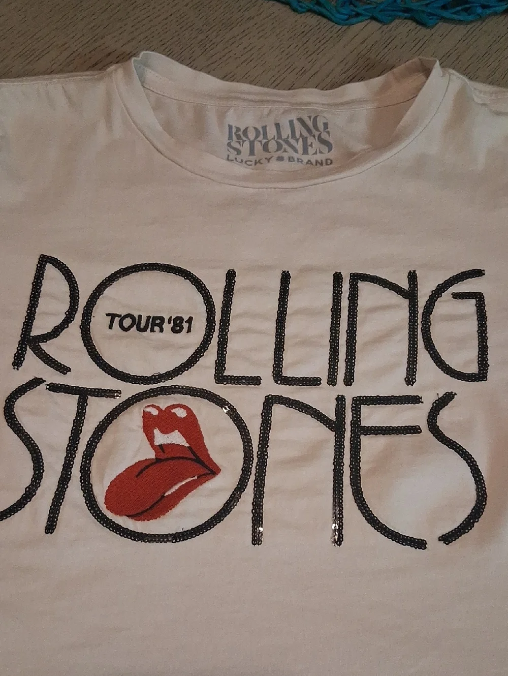 Lucky Brand White Tee with Black Lettering and Red Tongue Graphic - Picture 1 of 6